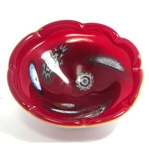 Vintage Mid Century Italian Murano Millefiori Scalloped Art Glass Bowl Red & Whi